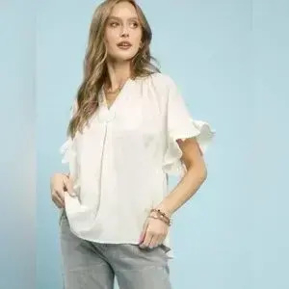 Umgee Ruffle Sleeve V-Neck Flutter Blouse - Picture 1 of 6